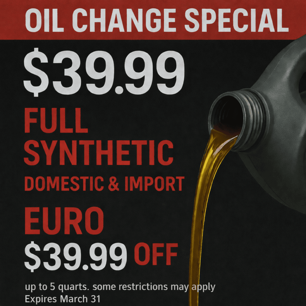 Oil change special offer, $39.99, synthetic oil.